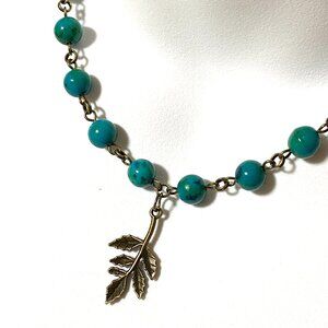 Genuine Teal Chrysocolla Short Necklace, Natural Gemstone & Bronze Leaf Branch
